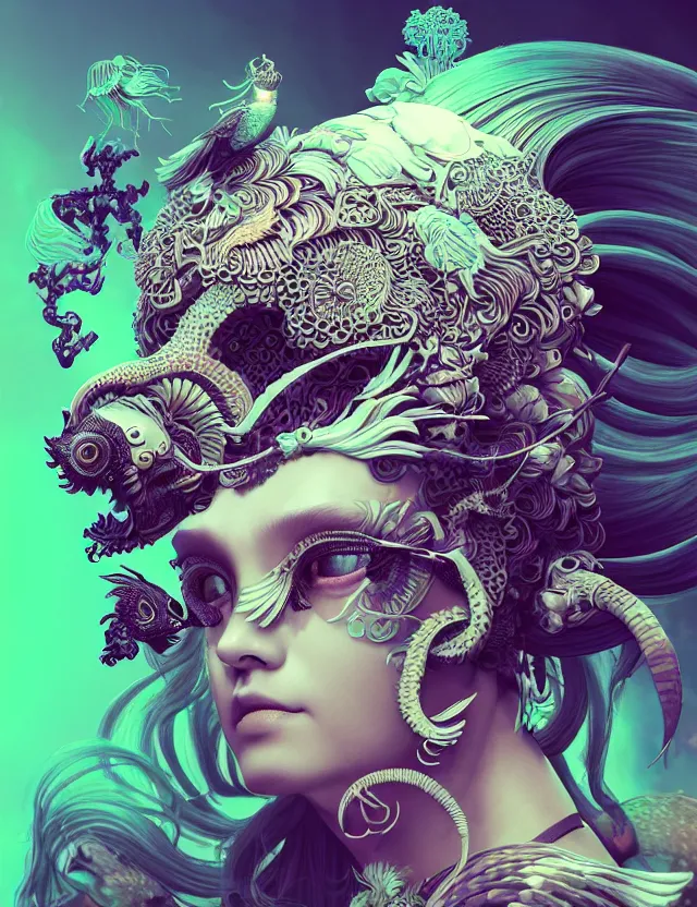 Image similar to 3 d goddess close - up profile solarpunk portrait ram skull. beautiful intricately detailed japanese crow kitsune mask and clasical japanese kimono. betta fish, jellyfish phoenix, bio luminescent, plasma, ice, water, wind, creature, artwork by tooth wu and wlop and beeple and greg rutkowski