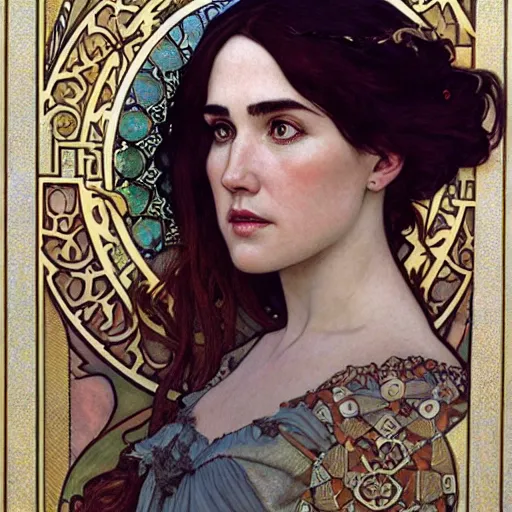 Prompt: realistic detailed face portrait of Jennifer Connelly as a beautiful young medieval queen by Alphonse Mucha, Ayami Kojima, Amano, Charlie Bowater, Karol Bak, Greg Hildebrandt, Jean Delville, and Mark Brooks, Art Nouveau, Neo-Gothic, Surreality, gothic, rich deep moody colors