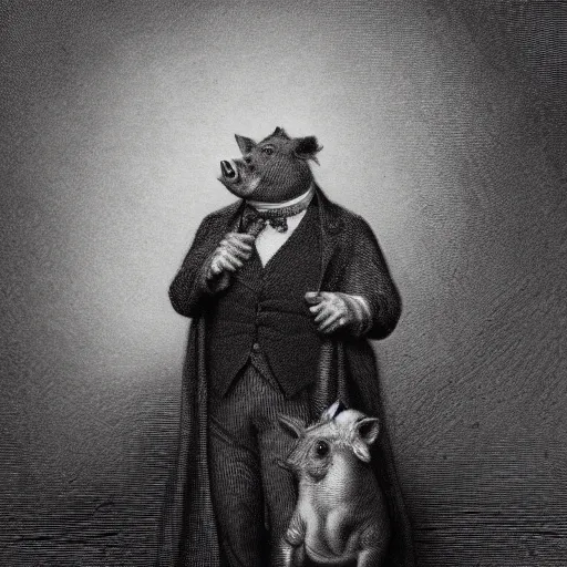 Prompt: detailed portrait of a pig in a tuxedo, dramatic light, Chiaroscuro, illustration by Paul Gustave Doré