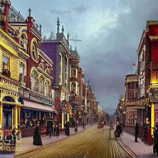 Image similar to Photograph of a busy victorian street in a town. Detailed, well lit. Colour.