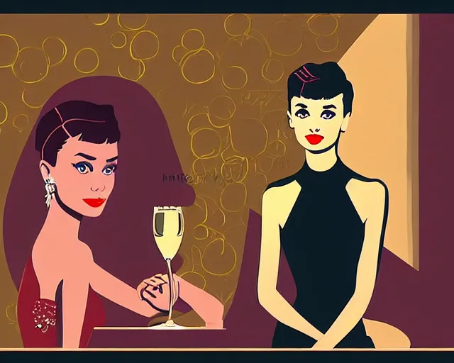 Image similar to teenage audrey hepburn in art deco style, champagne commercial, artstation, illustration, bright, cheerful, detailed and intricate environment