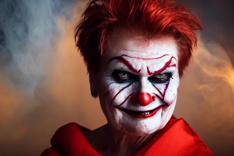 Prompt: Pauline Hanson with smudged red and white makeup like The Joker, not smiling, standing in hell surrounded by fire and flames and bones and brimstone, portrait photography, depth of field, bokeh