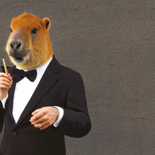 Image similar to an antropomorphic capybara wearing a suit smoking a cigar