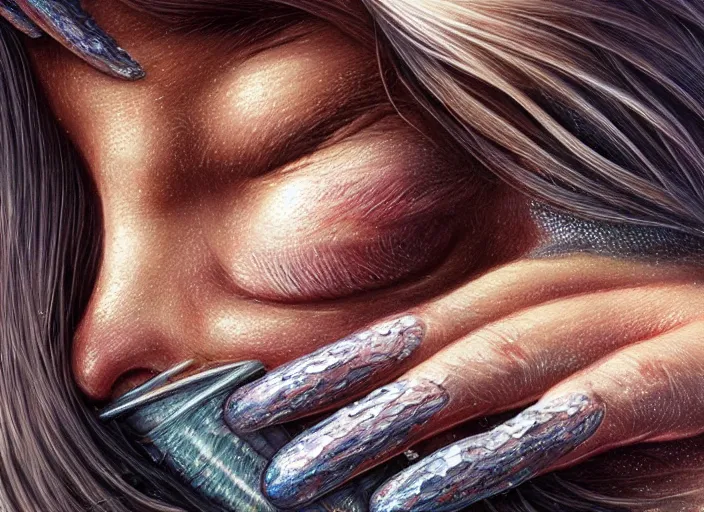 Image similar to highly detailed realistic hammered nails in a fresh body, pain, light effect, hyper detailed, intricate, elegant, highly detailed, digital painting, artstation, concept art, matte, sharp focus, illustration, by dan mumford, yusuke murata, makoto shinkai, ross tran