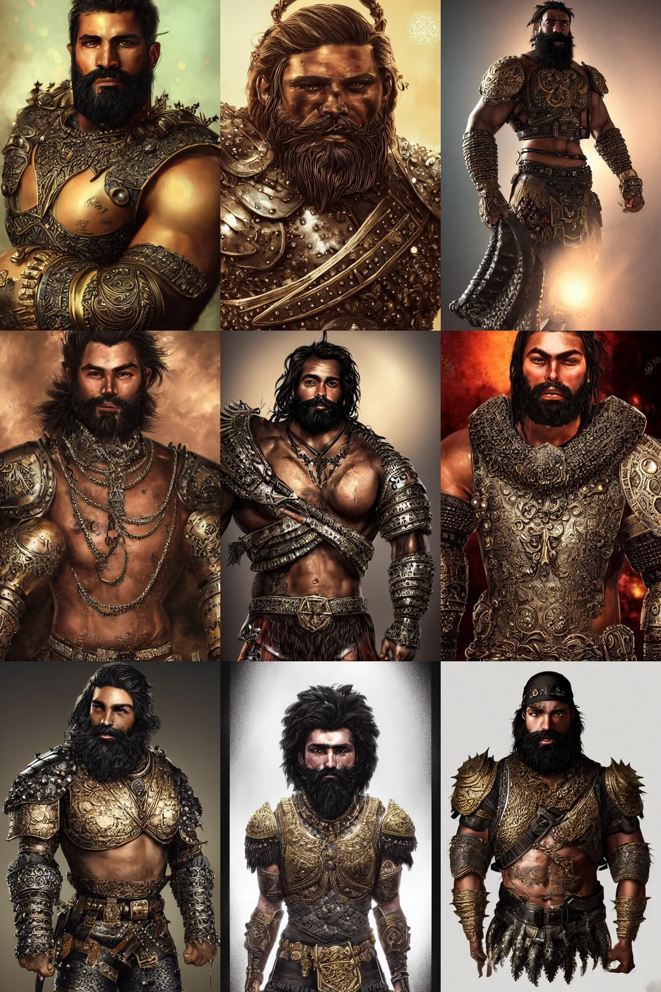 Prompt: portrait of a young rugged young man, thick black beard, big muscles, intricate bronze armour decorated with with gems. cinematic lighting, highly detailed, full body shot. Many scars. In the style of Artgerm.