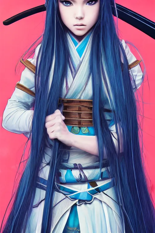 Image similar to highly detailed beautiful photo of madison beer as a young female samurai, swinging her sword, symmetrical face, beautiful eyes, cobalt blue hair, realistic anime art style, 8 k, award winning photo, pastels colours, action photography, 1 / 1 2 5 shutter speed, sunrise lighting