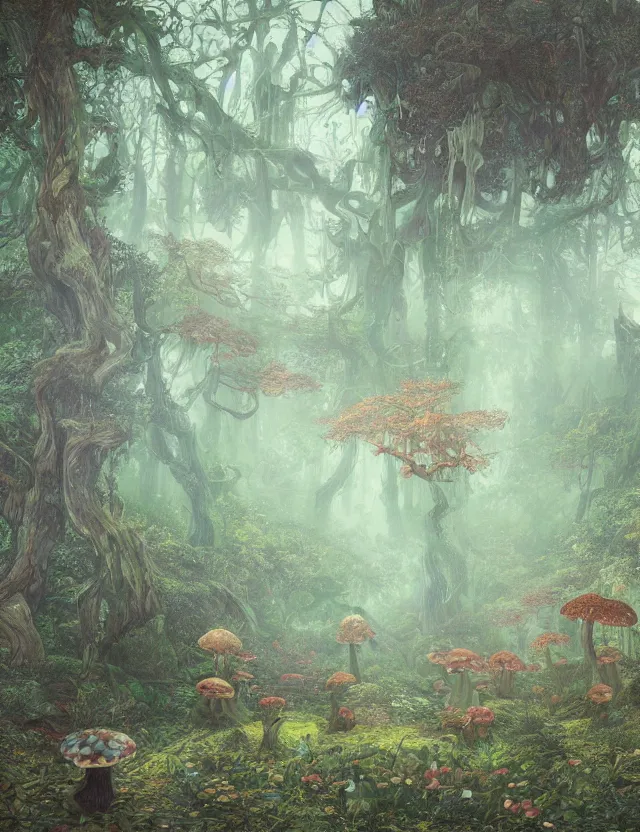 Prompt: mysterious fairy landscape of a mushroom kingdom in the middle of the foggy forest, ornate, misty, intricate, ring light, baroque elements, dan mumford, junji murakami, mucha klimt, van gogh, hiroshi yosida, frank frazetta and craig mullins art styles