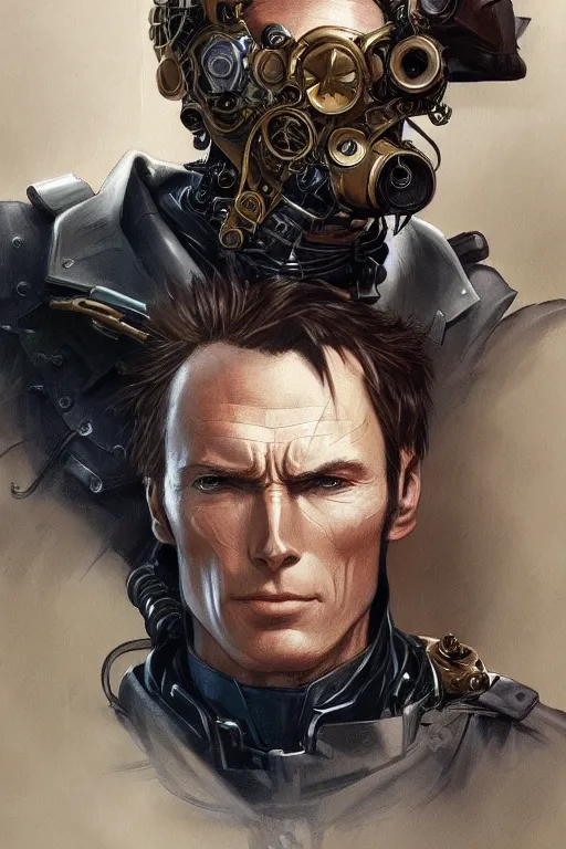 Prompt: young clint eastwood as full metal alchemist, steampunk cyborg, portrait, western, duster, fantasy, intricate, elegant, highly detailed, digital painting, artstation, concept art, sharp focus, illustration, art by artgerm and greg rutkowski and alphonse mucha