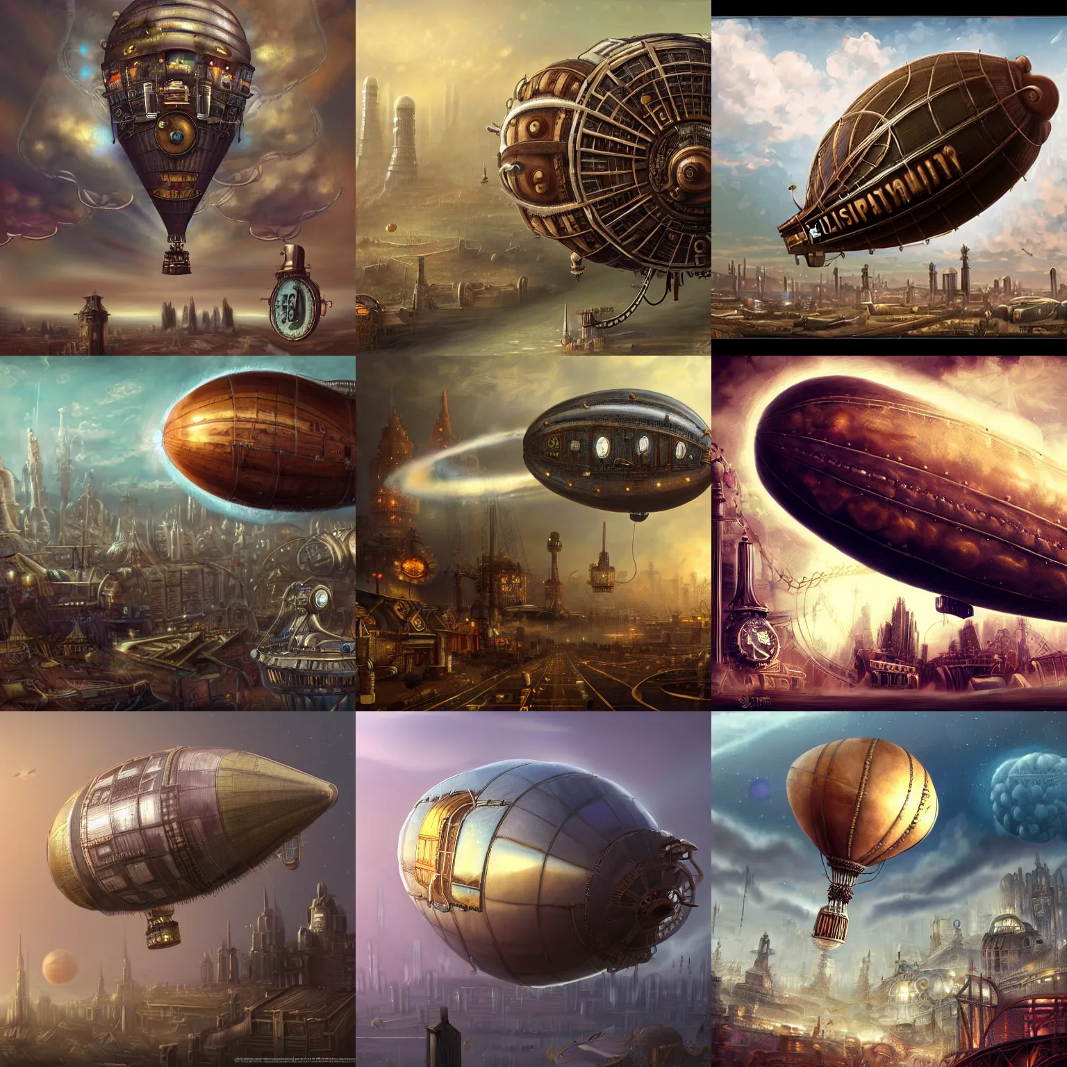 Prompt: photorealistic steampunk cosmic dreadnout blimp, with steampunk city in the background covering whole background, highly detailed, mate painting, trending on artstation, concept art