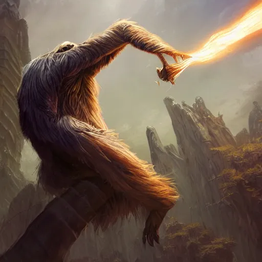 Image similar to Sloth, Anthropomorphized, casting epic spell, magic the gathering artwork, D&D, fantasy, cinematic lighting, centered, symmetrical, highly detailed, digital painting, artstation, concept art, smooth, sharp focus, illustration, volumetric lighting, epic Composition, 8k, art by Akihiko Yoshida and Greg Rutkowski and Craig Mullins, heroic pose, oil painting, cgsociety, magic lab background