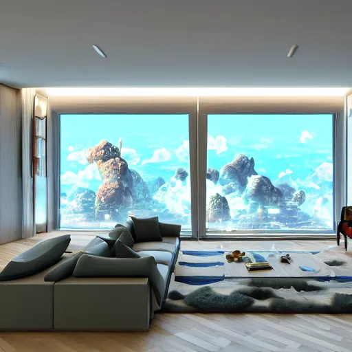 Image similar to a luxury living quarters living room in the 23rd century with a view from a singular window 10km high in space elevator, low contrast, ivan laliashvili, Studio Ghibli and Shinkai Makoto, D render