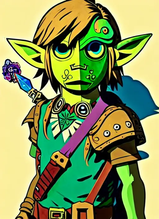 Prompt: majoras mask link!! from the legend of zelda!! portrait illustration, pop art, splash painting, art by geof darrow, ashley wood, alphonse mucha, makoto shinkai