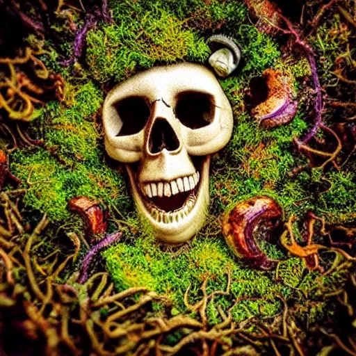 Prompt: “psychedelic mushroom spores, skull-shaped, Photography, Shot on 70mm, Super-Resolution Microscopy, Exposure, Megapixel, Evil, Nano, Moss, Tremella-Fuciformis, Ray Tracing Reflections, Ray Traced, insanely detailed and intricate, hypermaximalist, elegant, ornate, hyper realistic, super detailed”