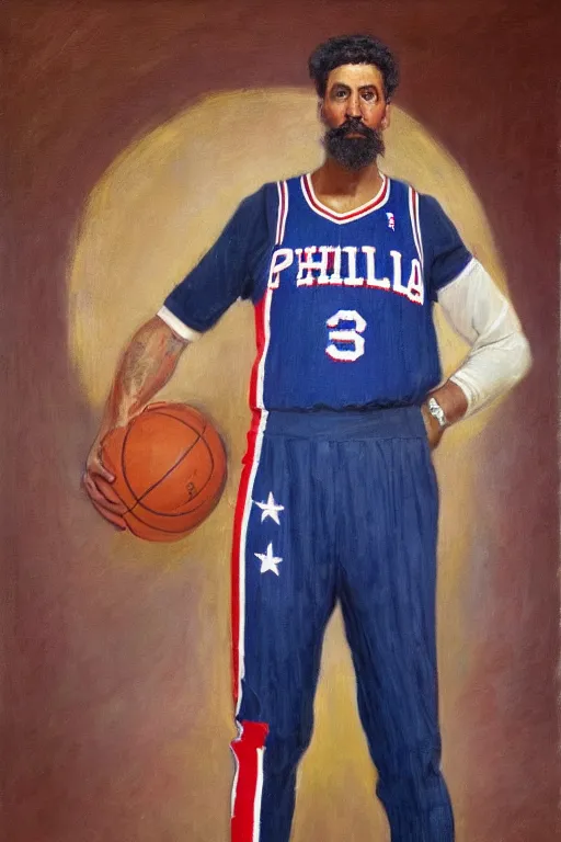 Image similar to full body portrait of the dictator of the philadelphia 7 6 ers, 1 8 8 9, in full military garb, oil on canvas by william sidney mount, trending on artstation