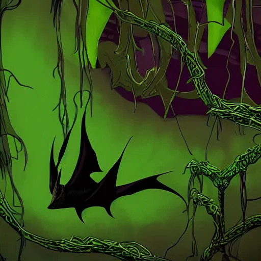 Image similar to a giant bat deep purple and green vines, swamp, genndy tartakovsky, primal, studio la cachette, scary lighting