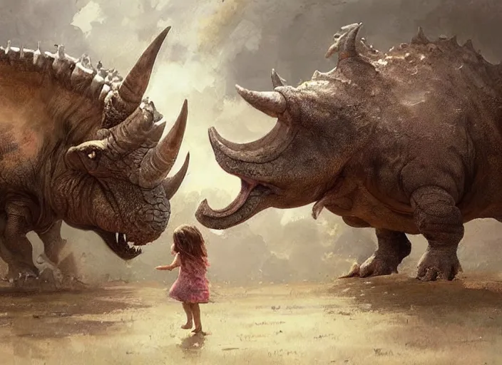 Image similar to a cute little girl with wavy curly brown hair meets a triceratops. beautiful painting by greg rutkowski