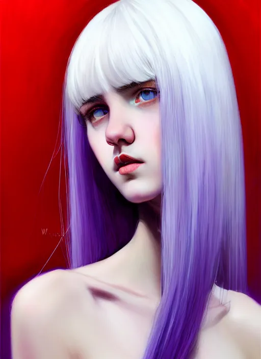 Image similar to hair whitebangs hair, black hair, whitebangs, portrait of teenage girl with white bangs, red irises, purple clothes, white bangs, bangs are different color from hair, intricate, elegant, glowing lights, highly detailed, digital painting, artstation, concept art, smooth, sharp focus, illustration, art by wlop, mars ravelo and greg rutkowski