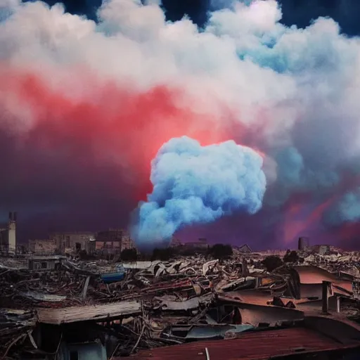 Prompt: destroyed american city, dystopian, war, real, thick vivid blue smoke, red clouds, detailed, award winning, masterpiece, photograph, cinematic