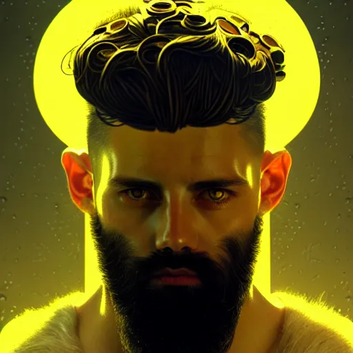 Image similar to bearded man with extremely large and intricate haircut with angry yellow eyes and slim features looking askance, eye cyberpunk bionics, retro futurist style, intricate, elegant gleaming intricate baroque jewelry, angelic halo, highly detailed, digital painting, artstation, concept art, smooth, sharp focus, illustration, art by wlop, mars ravelo and greg rutkowski,