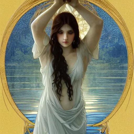 Image similar to portrait of the lady of the lake holding excalibur, elegant, art nouveau, tarot card, highly detailed, digital painting, artstation, concept art, smooth, sharp focus, illustration, art by artgerm and greg rutkowski and alphonse mucha and william - adolphe bouguereau