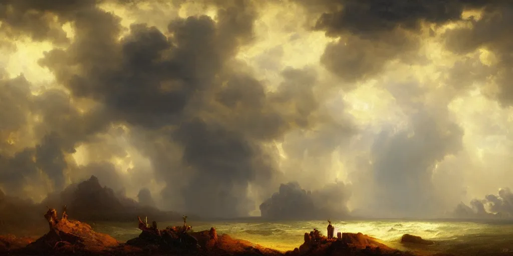 Image similar to a beautiful painting of epic skycape with thunder clouds and storm over a moody landscape by albert bierstadt and joseph zbukvic, moody color scheme, high detail, trending on artstation, orange : - 1, yellow : - 1