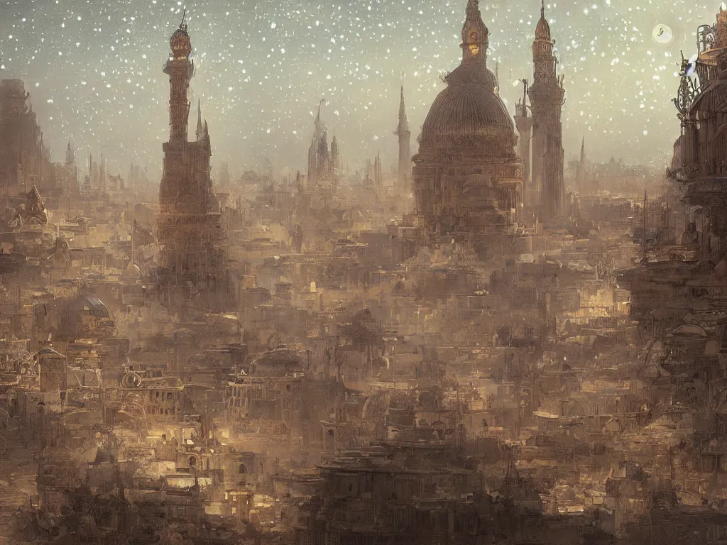 Image similar to a view from the river of a dome - covered city resembling ancient baghdad at night with the sky full of stars, intricate, elegant, highly detailed, digital painting, artstation, concept art, smooth, sharp focus, colored illustration for tattoo, art by krenz cushart and artem demura and alphonse mucha,