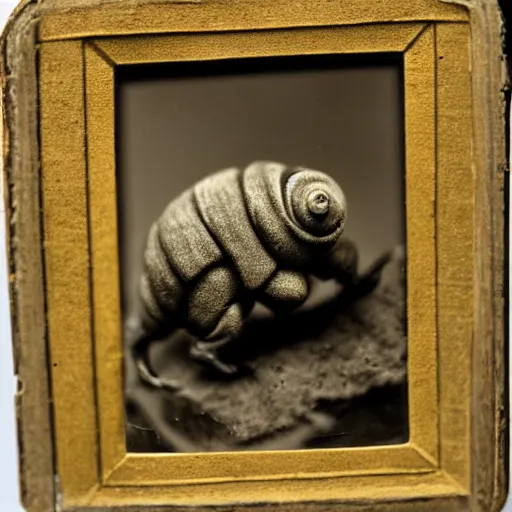 Image similar to tardigrade!!! humanoid. daguerreotype portrait photograph. inspired by gerard grom and ansel adams. beautiful. cute. happy. highly detailed. old timey.