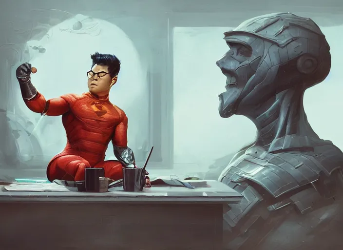 Image similar to an insanely detailed painting of an asian man wearing a homemade superhero costume, sitting at a desk, staring seriously at the computer and typing, in the style of peter mohrbacher, james jean, artgerm, dramatic lighting and composition, surreal background, octane render, pixar, trending on artstation, concept art, comic book, view from behind, 8 k