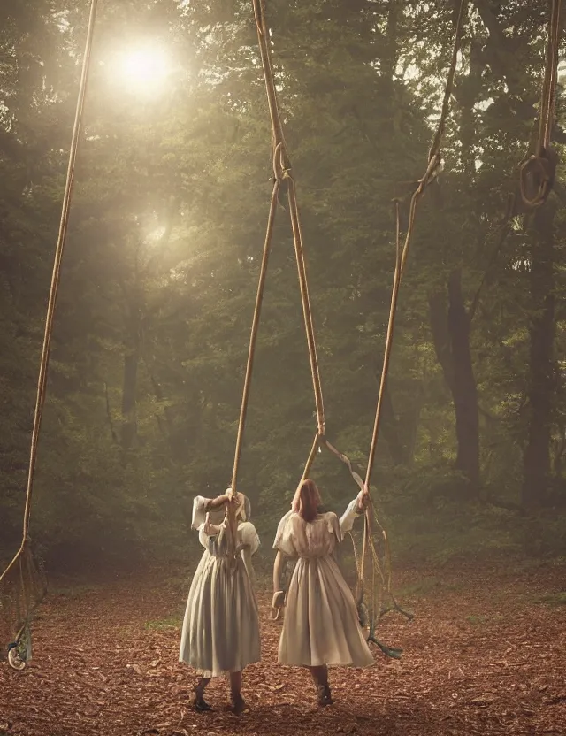 Prompt: two peasant girls standing on hanging swings in the forest, motion photo, Cottage core, Cinematic focus, Polaroid photo, vintage, neutral colors, soft lights, foggy, by Steve Hanks, by Serov Valentin, by lisa yuskavage, by Andrei Tarkovsky, by Terrence Malick, by Krenz Cushart, 8k render, detailed, oil on canvas