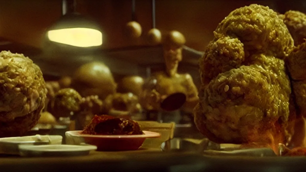 Image similar to the strange meatball creature at the fast food place, film still from the movie directed by denis villeneuve and david cronenberg with art direction by salvador dali and zdzisław beksinski, wide lens