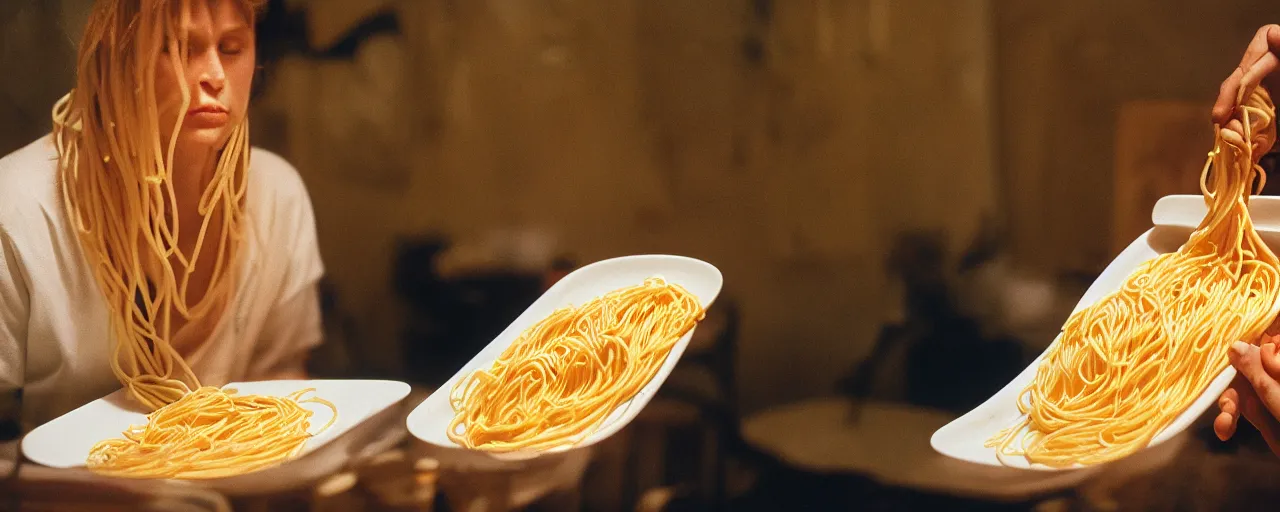 Image similar to an artist painting a portrait with spaghetti, canon 5 0 mm, cinematic lighting, photography, retro, film, kodachrome, closeup