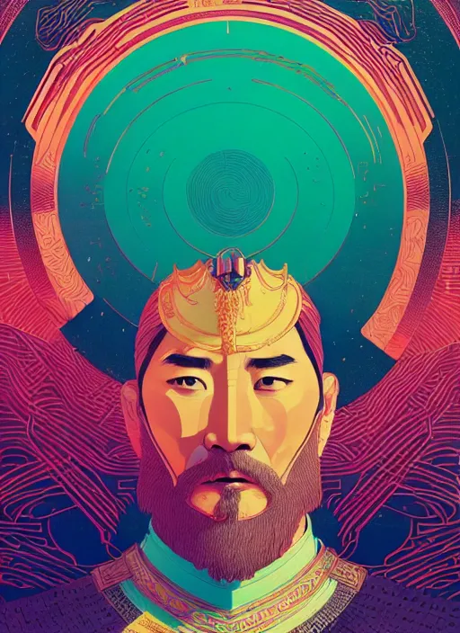 Prompt: portrait of genghis khan, artstation winner by victo ngai, kilian eng and by jake parker, by conrad roset, swirly vibrant color lines, winning award masterpiece, fantastically gaudy, aesthetic octane render, 8 k hd resolution