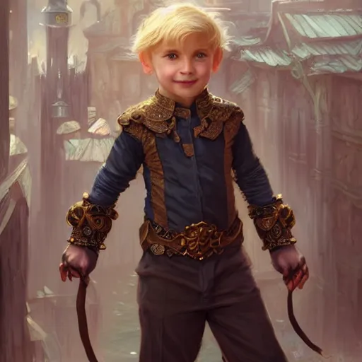 Image similar to portrait of a young boy wearing fantasy thief clothing in the slums of a fantasy city, blonde hair, d & d, fantasy, joyful smirk, intricate, elegant, highly detailed, digital painting, artstation, concept art, matte, sharp focus, illustration, art by artgerm and greg rutkowski and alphonse mucha