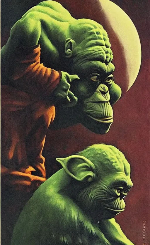 Image similar to chimpanse war in space fighting yoda ,Edward Hopper and James Gilleard, Zdzislaw Beksinski highly detailed