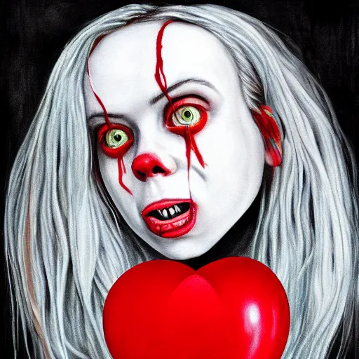 Image similar to grunge painting of billie eilish split down the middle with a wide smile and a red balloon by chris leib, loony toons style, pennywise style, corpse bride style, horror theme, detailed, elegant, intricate