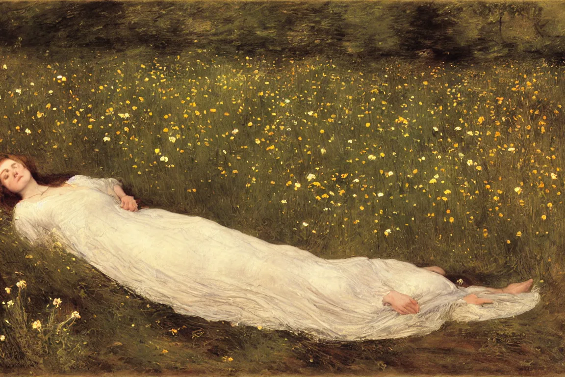 Prompt: John Everett Millais. Woman lying horizontal in a river. Thick forest, flowers are everywhere. Frame of flowers. Colorful Flowers in hand. Golden brown dress with playful details, light dark very long hair. Apathetic, pale, looking up. Poppies, daisies, pansies. Accurate Nature. Naturalistic strong vibrant green colors. Fine brush strokes. Mysterious and realistic.