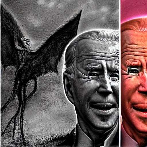 Prompt: biden became stupid ugly lovecraftian degenerate abomination, photo - realistic, color image, 2 k, highly detailed, horror