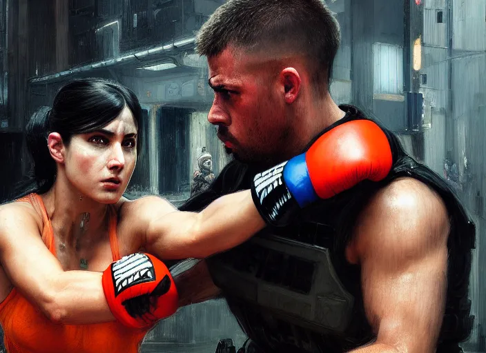 Image similar to Maria fights sgt Nash. Cyberpunk hacker in orange jumpsuit fighting menacing police troopers (blade runner 2049). beautiful face. kickboxing. Orientalist portrait by john william waterhouse and James Gurney and Theodore Ralli and Nasreddine Dinet, oil on canvas. Cinematic, hyper realism, realistic proportions, dramatic lighting, high detail 4k