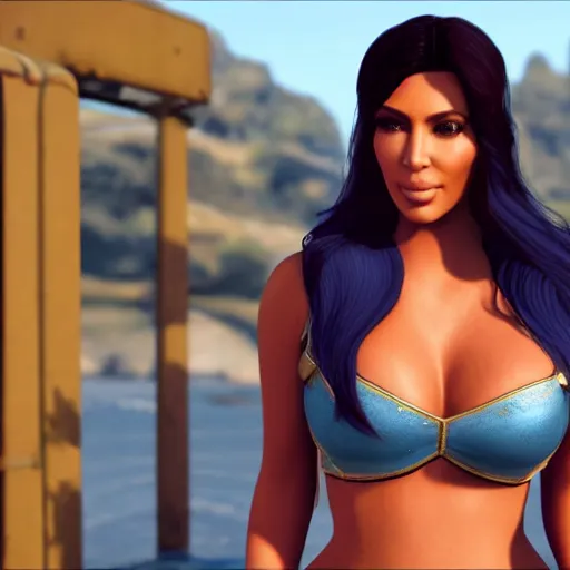 Image similar to kim kardashian as princess jasmine in GTA 5 full Hd octane render 8k