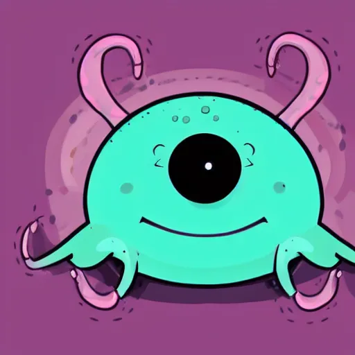 Image similar to a cute illustration of a smiling blobby squid jelly creature with three eyes, two horns on top of his head