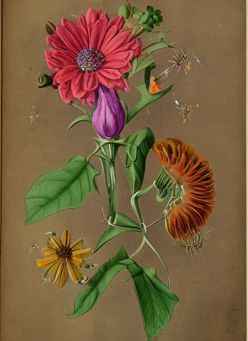 Prompt: fantasy scientific botanical illustration of colorful flower with a mouth and teeth on its base