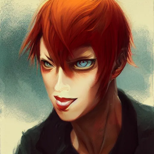 Image similar to headshot portrait of male anime character extremely sharp jaws slit yellow eyes medium length red hair inspired by tom hiddleston by anato finnstark, tom bagshaw, brom