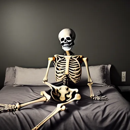 Image similar to a skeleton that is wearing full cotton pajamas, as a matte oil painting by tim jacobus, a skeleton inside of his bedroom, with a sleeping cap, comfy, extremely detailed, sharp focus, 4 k