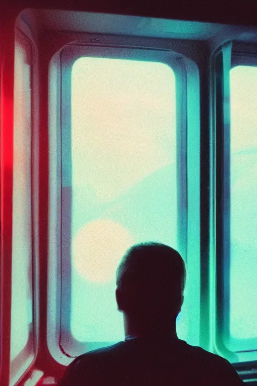 Image similar to agfa vista 4 0 0 photograph of a guy in a spaceship looking out a window into space, back view, synth vibe, vaporwave colors, lens flare, moody lighting, moody vibe, telephoto, 9 0 s vibe, blurry background, grain, tranquil, calm, faded!,