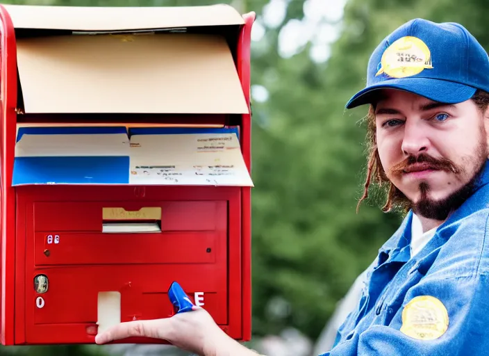 Prompt: dslr photo still of post malone as a postal worker mailman putting letters in mailbox and delivering packages to door, 8 k, 8 5 mm f 1 6