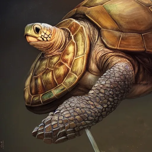 Image similar to cute wise sage turtle holding a staff, wearing a cloak, subsurface scattering, by jesper ejsing, justin gerard, tomasz alen kopera, cgsociety and fenghua zhong, highly detailed, rim light, cinematic lighting, illustration, art, octane render, very coherent, cinematic, hyper realism, high detail, octane render, 8 k