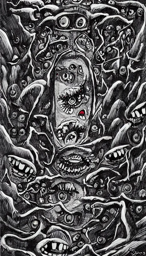 Image similar to a storm vortex made of many demonic eyes and teeth, by raymond briggs