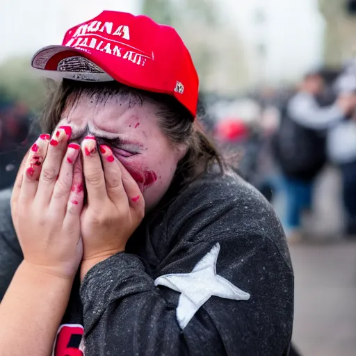 Image similar to photo still of a trump supporter crying, soaked in tears, mascara running down, street photography, maga hat, canon 7 0 - 2 0 0 mm lens f 2. 8