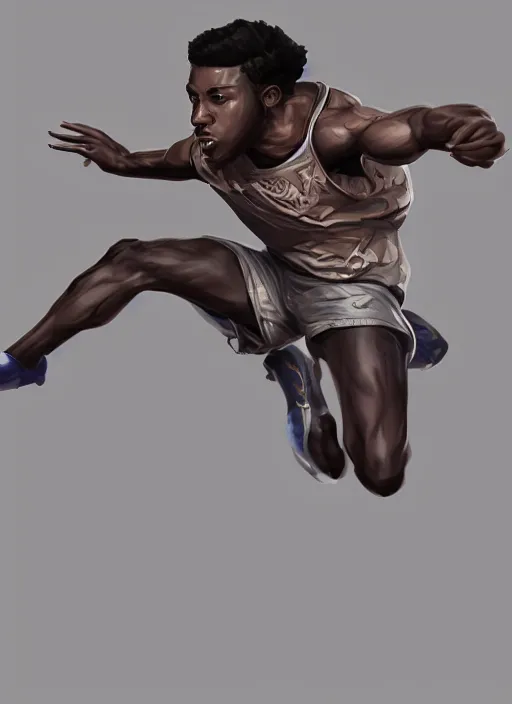 Image similar to a highly detailed illustration of attractive young african guy with short hair wearing track and field suit, heroic jumping pose, by greg rutowski, intricate, elegant, highly detailed, centered, digital painting, artstation, concept art, smooth, sharp focus, league of legends concept art, wlop