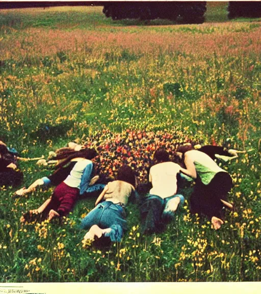 Image similar to satanic ritual in beautiful meadow of flowers, film photo from 1970s, grainy, high detail, high resolution